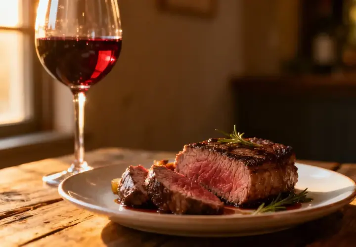 Un verre de vin rouge accompagne un délicieux filet mignon, le tout baignant dans la lumière du soleil.