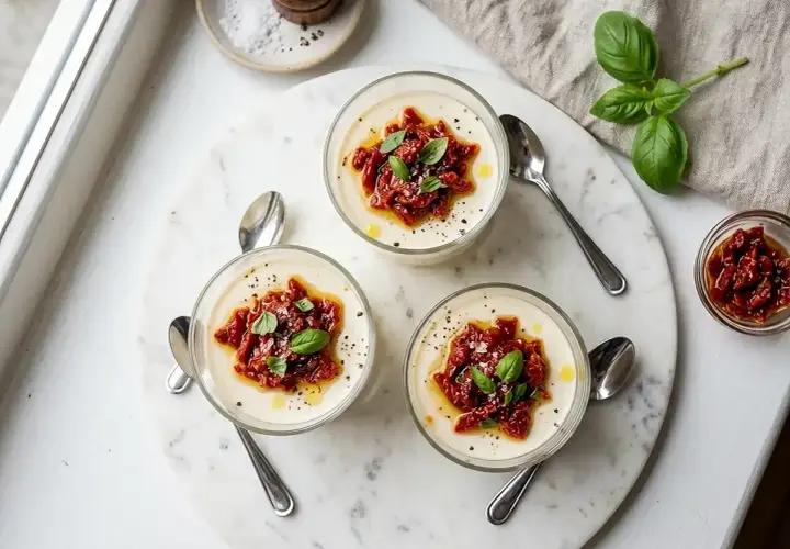 Trois verrines de panna cotta salée, garnies de tomates séchées, basilic frais et filet d'huile d'olive. Une touche d'originalité pour un apéritif raffiné.