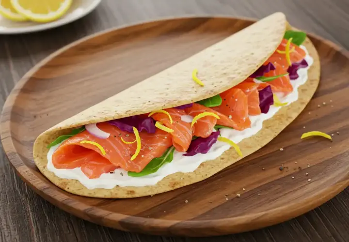 Wrap saumon frais, crème onctueuse, chou rouge croquant et zestes de citron. Une recette wrap saumon simple et savoureuse.