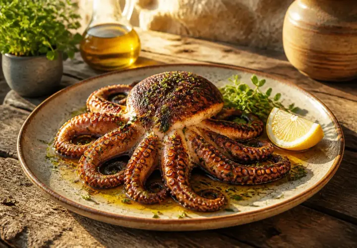 Un délicieux poulpe à la plancha, grillé à la perfection, servi avec du citron et des herbes fraîches.