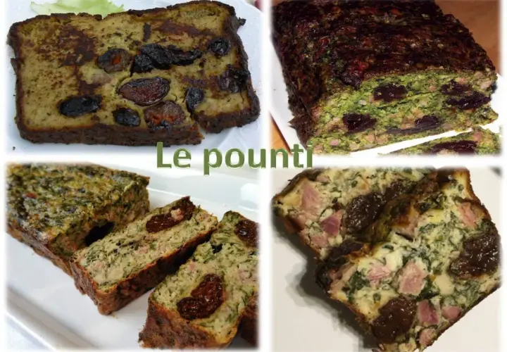 Tranches de pounti auvergnat, un plat traditionnel avec des pruneaux, de la viande et des légumes verts.