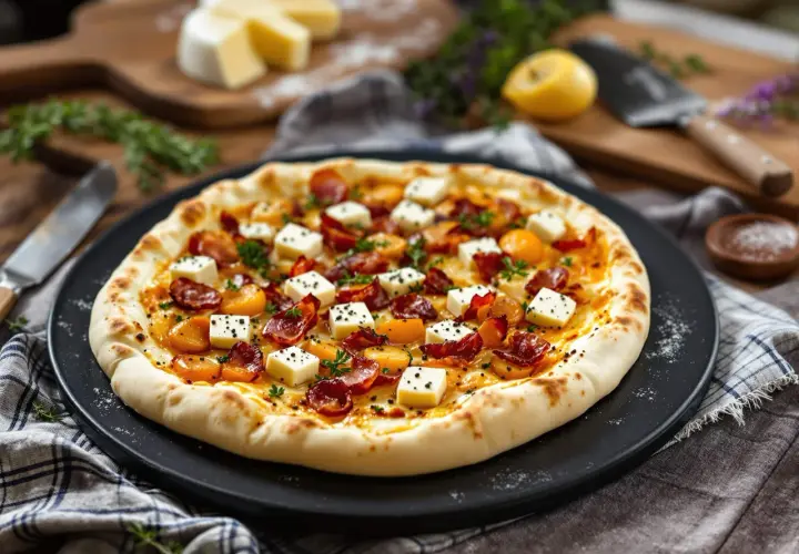 Une délicieuse pizza savoyarde, garnie de lardons croustillants, de pommes de terre fondantes et de fromage, prête à être dégustée.