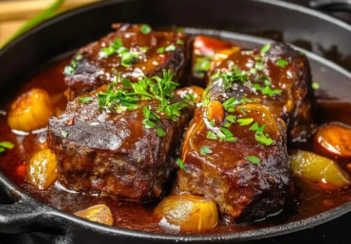 Quatre morceaux de joue de bœuf confite, nappés d'une sauce riche et garnie de persil frais, mijotent dans une poêle en fonte avec des oignons caramélisés.