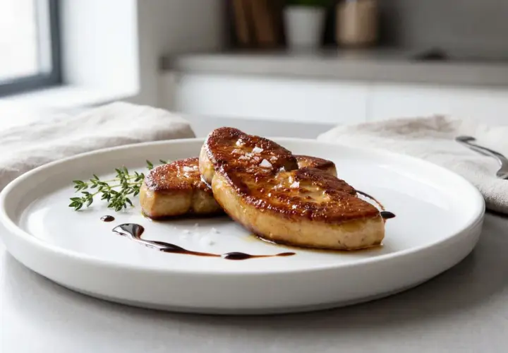 Deux escalopes de foie gras poêlé, dorées et savoureuses, garnies de fleur de sel et d'une touche de réduction de balsamique, sur une assiette blanche avec une branche de thym.