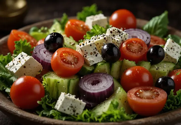 Une salade à la grecque fraîche et colorée avec des cubes de feta, des tomates cerises, des olives noires, des concombres et des oignons rouges.