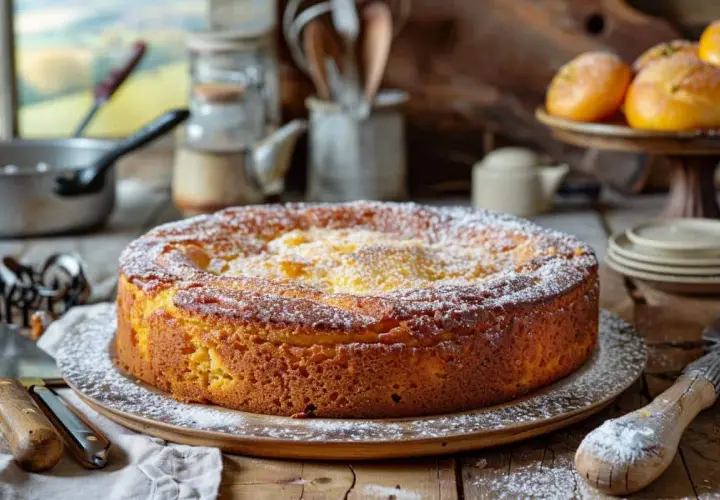 Gâteau breton doré et saupoudré de sucre glace, prêt à être dégusté.