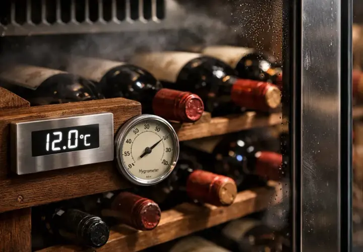 Cave à vin avec bouteilles de vin rouge. Un thermomètre affiche 12.0°C, garantissant la température idéale.