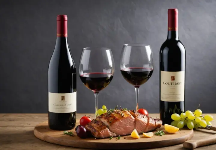 Un festin gourmand : un délicieux rosbif accompagné de deux verres de vin rouge et de ses bouteilles.