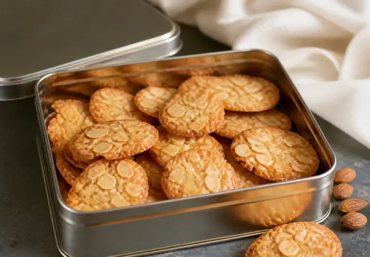 Une boîte en métal remplie de tuiles aux amandes croustillantes et dorées, prêtes à être dégustées.