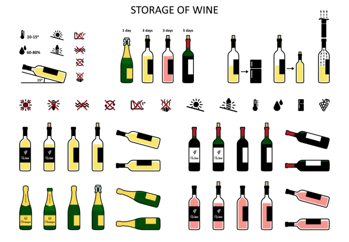 Illustrations de bouteilles de vin, certaines couchées, idéales pour le temps de garde vin rouge.