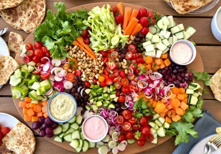 Plateau coloré de salade de crudités : tomates, concombres, carottes, radis, oignons rouges, raisins, olives, noix, et pains pita. Deux trempettes crémeuses sont incluses.