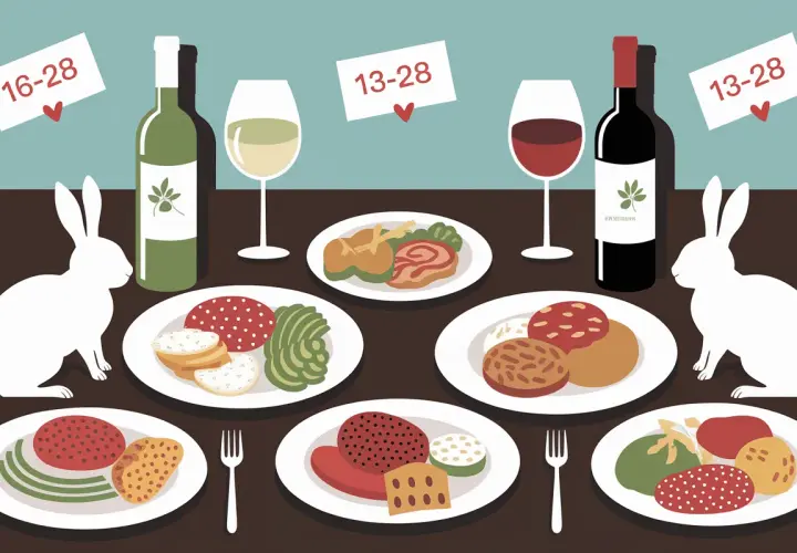 Table dressée avec lapin blanc, assiettes de mets et bouteilles de vin. Quel vin avec du lapin ? Le rouge semble être un bon choix.