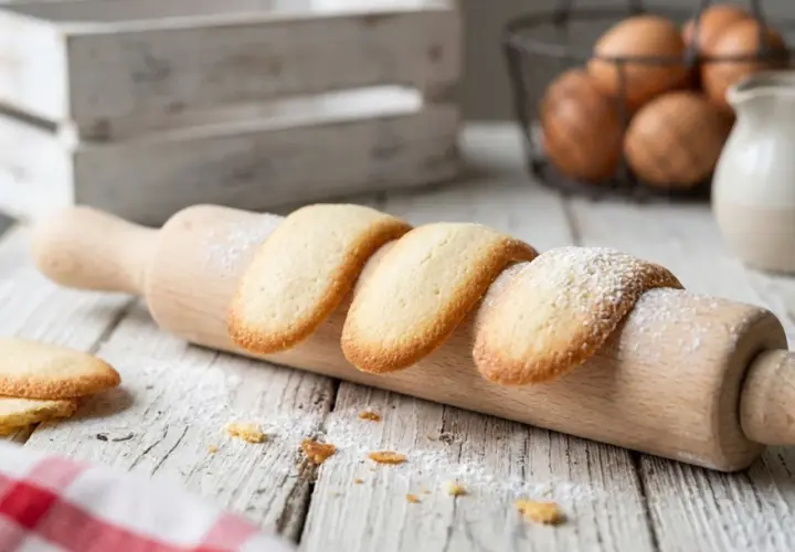 Délicieuses langues de chat saupoudrées de sucre glace, posées sur un rouleau à pâtisserie en bois.