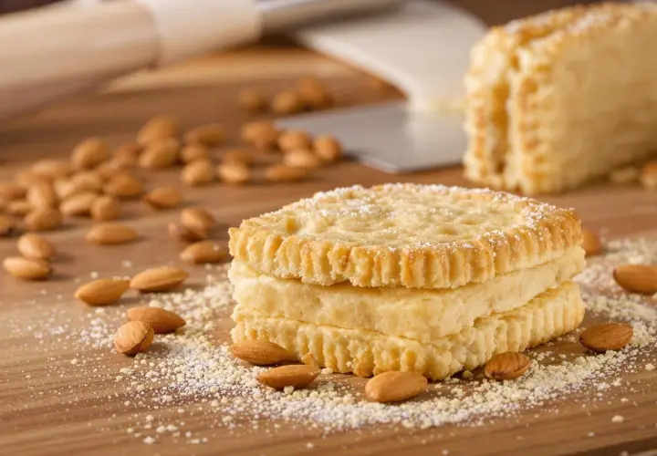 Trois biscuits joconde empilés, saupoudrés de sucre glace, entourés d'amandes sur une planche en bois.