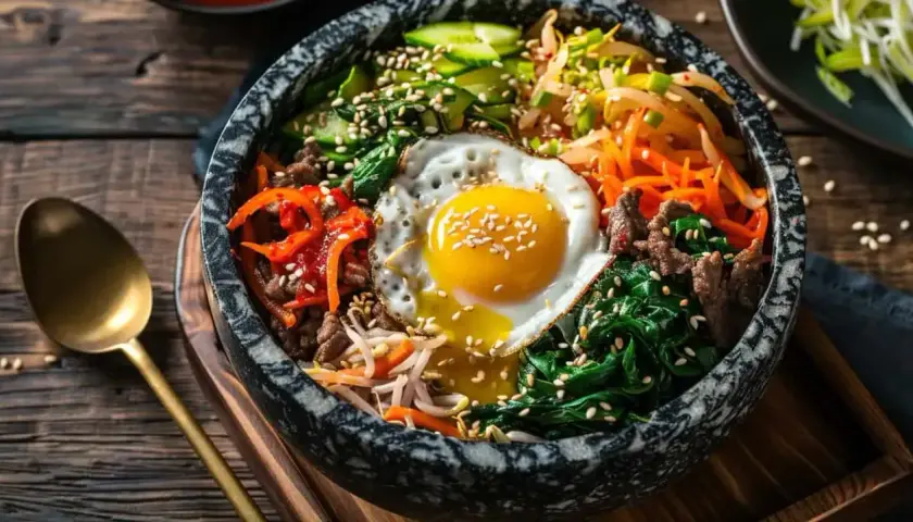 Un bol de bibimbap coloré avec œuf au plat, bœuf, légumes et riz. Une invitation à essayer cette recette !