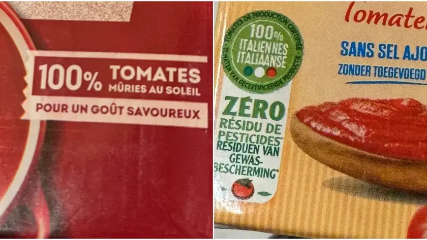 Une cuillère en bois déborde de tomate concassée, promesse d'un goût savoureux. 100% tomates italiennes, sans sel ajouté.