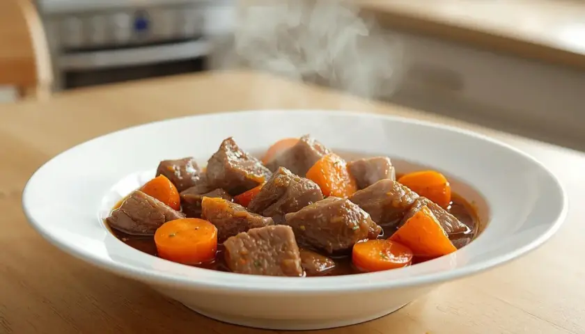 Un plat fumant de boeuf carottes, un classique réconfortant, servi dans une assiette blanche sur une table en bois.