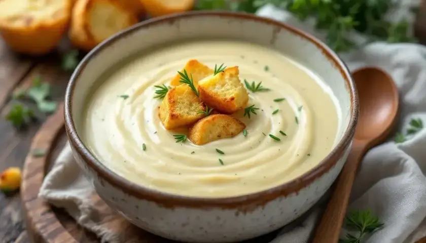 Un bol de soupe crémeuse, garnie de croûtons dorés et d'herbes fraîches. Un délice réconfortant, parfait pour un repas de soupe aux choux.