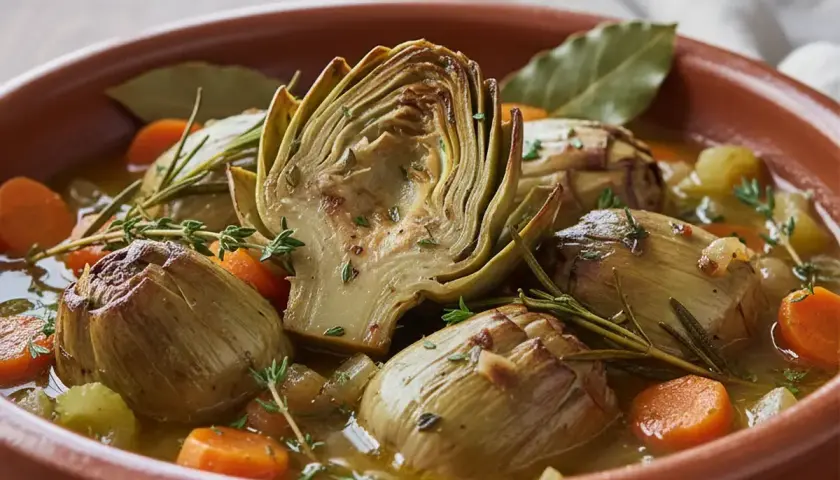 Artichauts barigoule mijotés dans un plat en terre cuite avec carottes, herbes et bouillon. Une recette savoureuse et colorée.