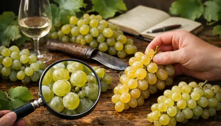 Une main examine une grappe de raisins blancs sous une loupe, à côté d'un verre de vin blanc et d'un carnet. Une liste des cépages blancs est peut-être en cours de rédaction.