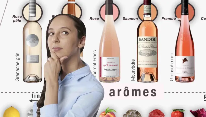Une femme réfléchit devant des bouteilles de vin rosé, cherchant le meilleur rosé de Provence. Citron, pêche, poivre, framboise, fraise, rose.
