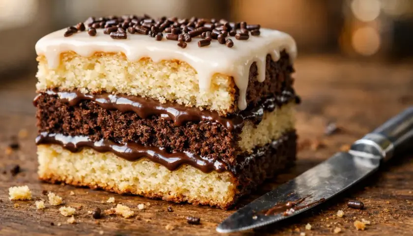 Un délicieux napolitain maison, avec ses couches de génoise et de chocolat, nappé de glaçage blanc et parsemé de vermicelles.