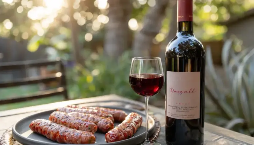 Un verre de vin rouge et des saucisses grillées sur une assiette, avec une bouteille de vin "Roagall" à côté. Parfait pour un repas en plein air.