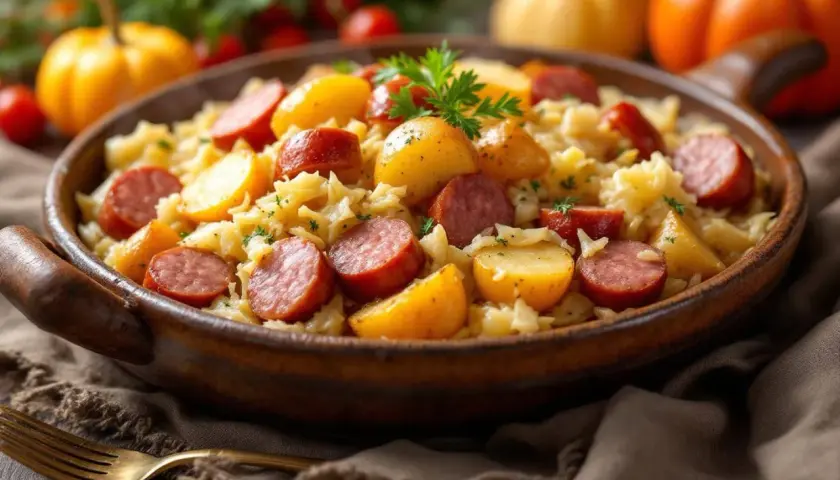 Plat de choucroute facile avec chou cuit, pommes de terre et saucisses, garni de persil. Parfait pour un repas réconfortant.
