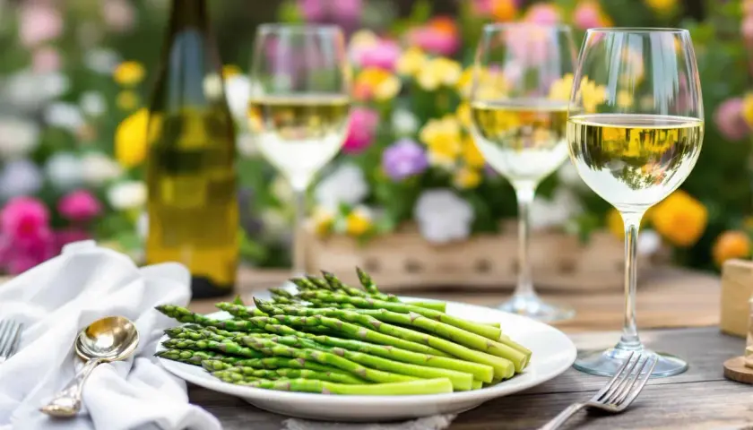 Un plateau d'asperges chaudes attend d'être dégusté avec un verre de vin blanc, dans un cadre floral lumineux.