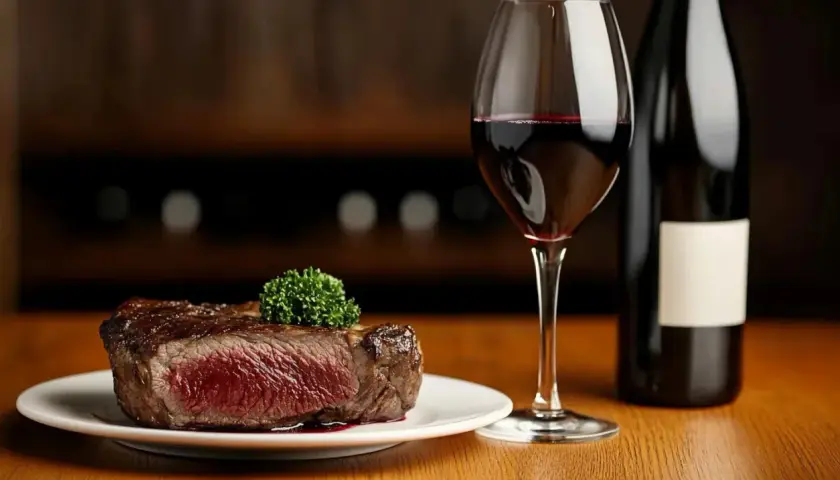 Un savoureux steak de vin cœur de bœuf, garni d'une touche de verdure, accompagné d'un verre de vin rouge et d'une bouteille.