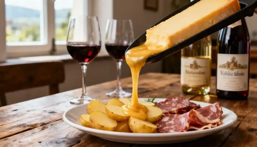 Un délicieux raclette coulant sur des pommes de terre et de la charcuterie, accompagné d'un verre de vin rouge. Parfait pour une soirée d'hiver.