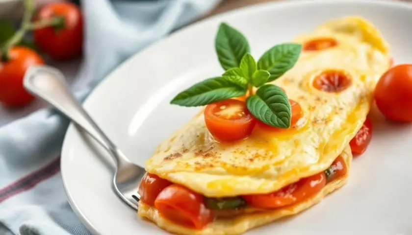Délicieuse omelette tomate garnie de basilic frais, prête à être dégustée.