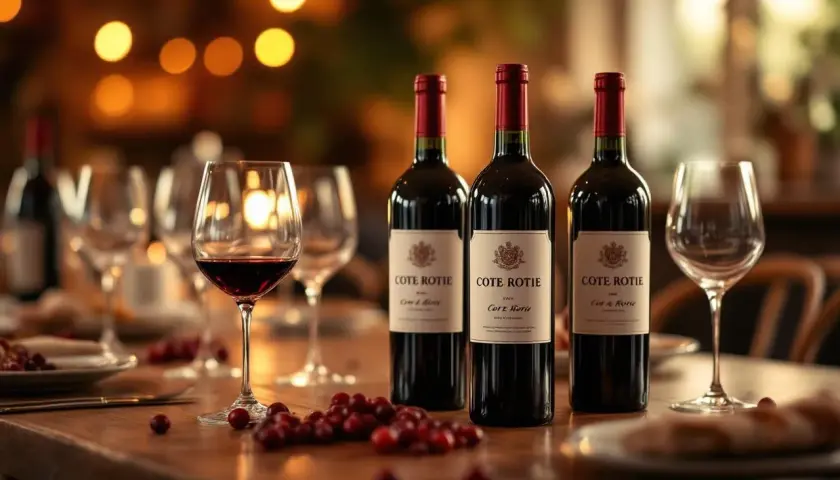 Trois bouteilles de vin rouge Côte Rôtie, un verre déjà servi, et des baies rouges sur une table en bois. Un millésime d'exception pour une dégustation parfaite.