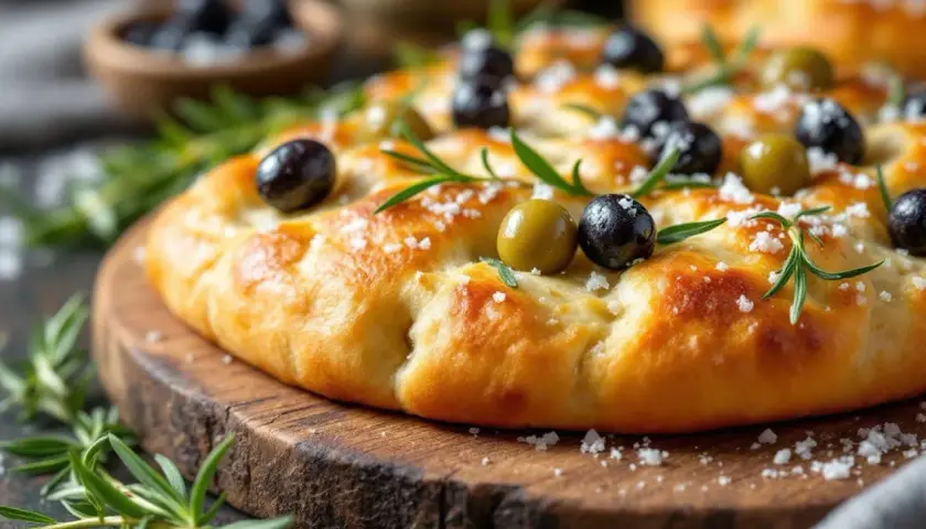 Focaccia moelleuse garnie d'olives noires et vertes, de romarin et de gros sel. Une délicieuse recette de focaccia prête à être dégustée.