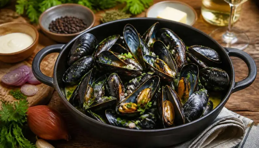 Un plat fumant de moules marinières, prêt à être dégusté. Une recette simple et savoureuse.