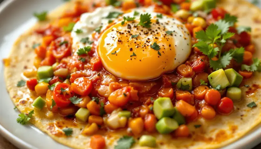 Un plat de huevos rancheros avec un œuf au plat coulant sur une tortilla garnie de tomates, d'avocat et de coriandre.