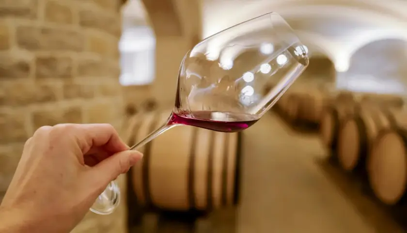 Verre de vin rouge dans une cave bourguignonne, avec des tonneaux en arrière-plan. Un tableau des millésimes bourgogne à découvrir.