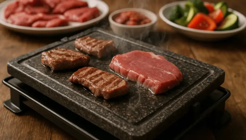 Viande crue et grillée sur une pierrade fumante. Une question se pose : quel vin avec une pierrade ? Accompagné de légumes et de sauce.