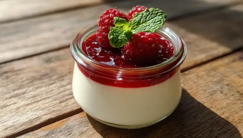 Délicieuse panna cotta à l'agar agar, garnie de framboises fraîches et d'une touche de menthe, dans un pot en verre sur fond de bois.