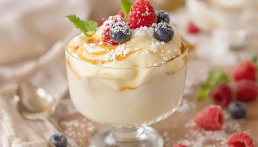 Crème Chiboust onctueuse, garnie de fruits rouges frais, de coulis caramel et saupoudrée de sucre glace. Un délice visuel et gustatif.
