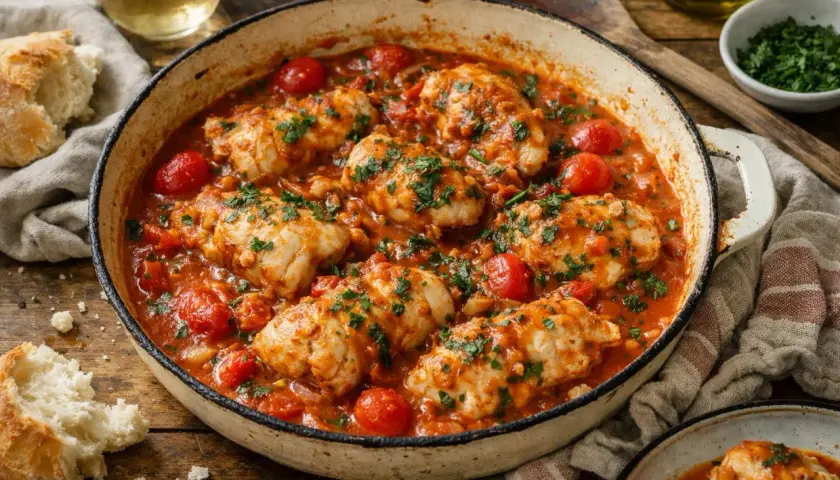 Un plat de lotte au four mijotant dans une sauce tomate avec des tomates cerises, garni de persil frais. Du pain croustillant est à côté.