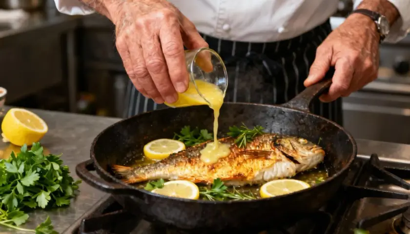 Un chef arrose un filet de loup doré dans une poêle avec une sauce au citron et aux herbes.