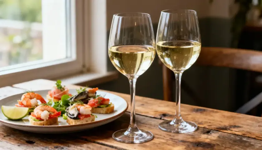 Deux verres de vin corse blanc pétillant, accompagnés de délicieux toasts aux fruits de mer et d'une tranche de citron vert.