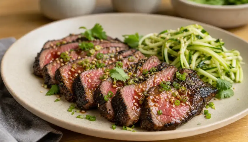Tranches de tataki de boeuf, grillées et juteuses, garnies de graines de sésame et de ciboule, servies avec une salade de concombre croquante.