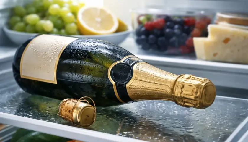 Bouteille de champagne givrée dans un réfrigérateur, avec des fruits et du fromage. Combien de temps se conserve le champagne ? La réponse est dans le froid.