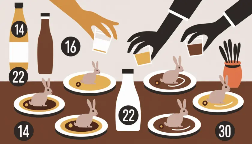 Des lapins en sauce sur des assiettes, accompagnés de bouteilles et de verres. Une question se pose : que boire avec du lapin en sauce ?
