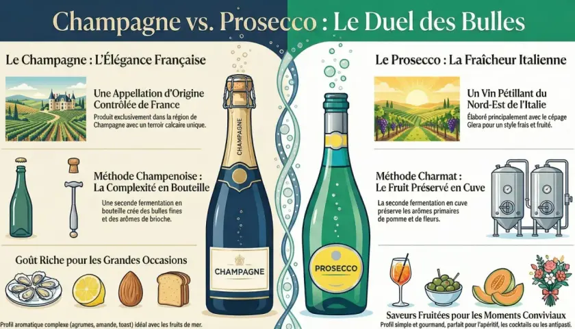 Le Champagne, un vin français d'exception, et le Prosecco, vin pétillant italien. Comparaison des méthodes et saveurs.