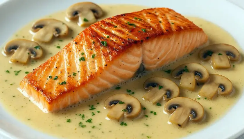 Un filet de saumon grillé, nappé d'une sauce crémeuse et garni de champignons. Un accompagnement parfait pour un saumon au champagne.