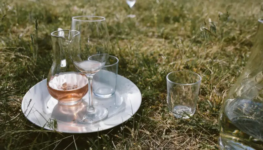 Verre à vin rosé sur une assiette blanche, prêt à être dégusté à la température parfaite dans l'herbe.