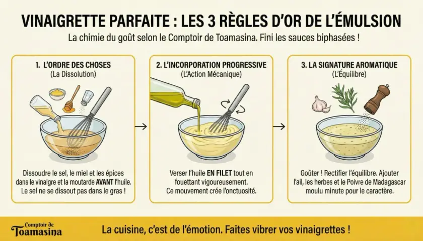 Recette vinaigrette moutarde : 3 étapes pour une émulsion parfaite. Dissoudre, incorporer l'huile en filet, puis ajuster les arômes.